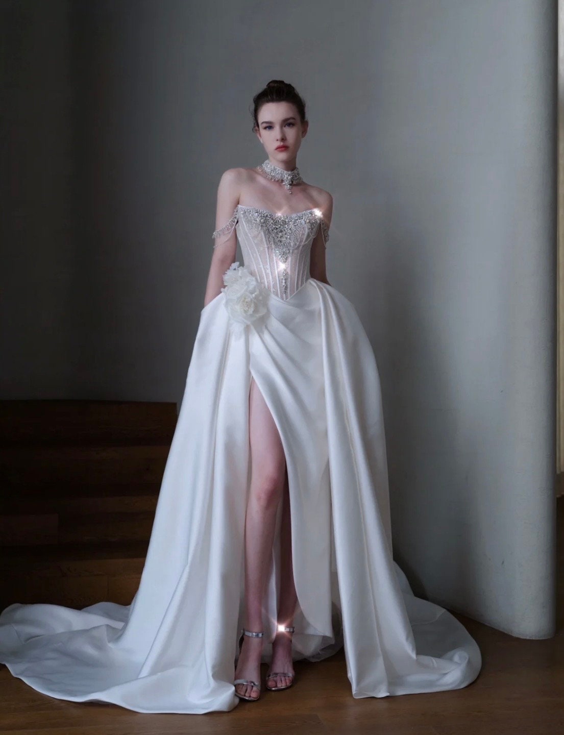 Off the Shoulder Luxury Beaded Corset A-line Wedding Prom Dress w Slit, Custom Unique Reception Elopement Courthouse Civil Gown