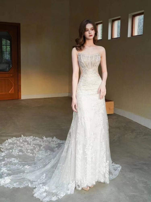 Fairy Beaded Lace Mermaid Wedding Prom Dress, Custom Simple Modest Reception Elopement Unique Courthouse Civil Gown