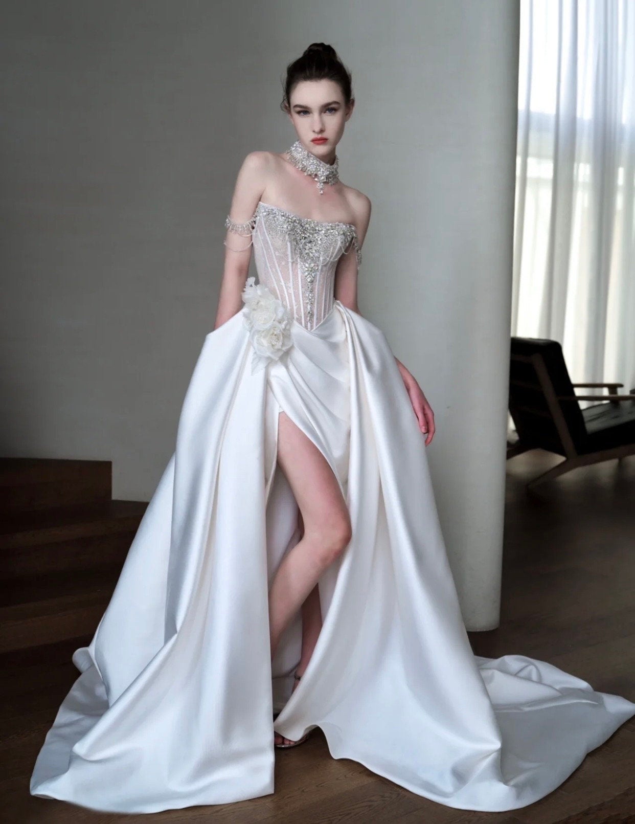 Off the Shoulder Luxury Beaded Corset A-line Wedding Prom Dress w Slit, Custom Unique Reception Elopement Courthouse Civil Gown