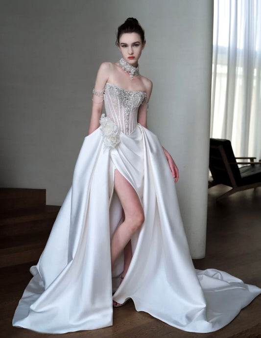 Off the Shoulder Luxury Beaded Corset A-line Wedding Prom Dress w Slit, Custom Unique Reception Elopement Courthouse Civil Gown