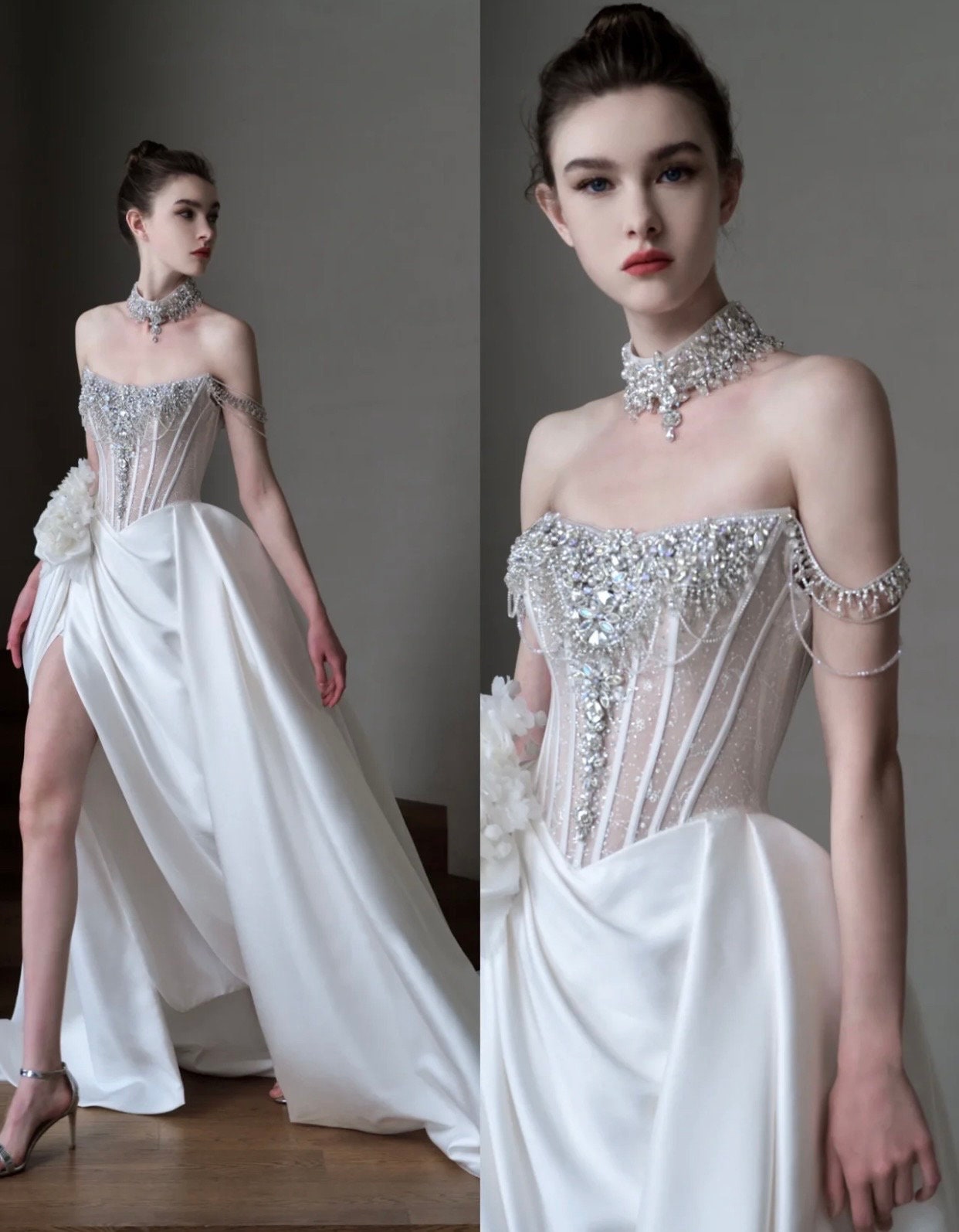 Off the Shoulder Luxury Beaded Corset A-line Wedding Prom Dress w Slit, Custom Unique Reception Elopement Courthouse Civil Gown