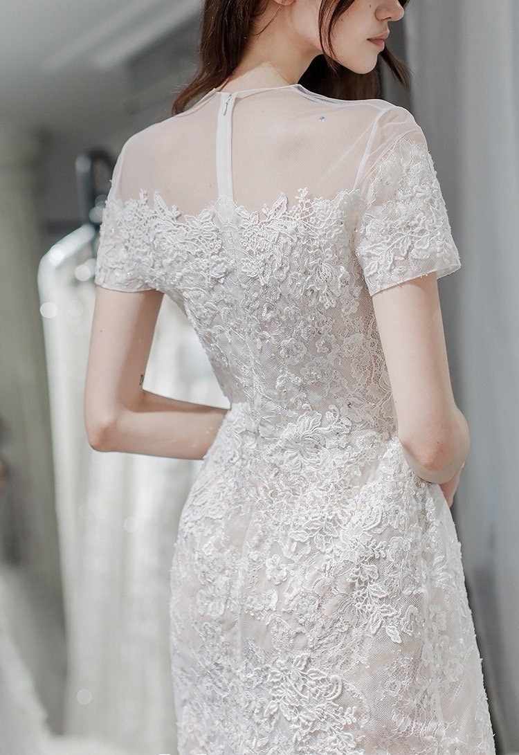 Short Sleeve Lace Slit Wedding Prom Dress w Detachable Train, Custom Simple Modest Reception Elopement Unique Beaded Courthouse Civil Gown