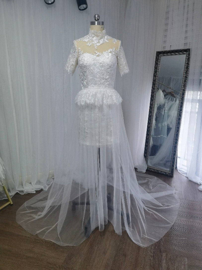 Unique Lace Embroidered Short Wedding Bridal Dresses, Courthouse Civil Reception Elopement Dress, Engagement Bridal Shower Rehearsal Gown