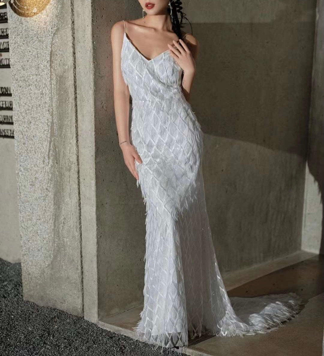 Luxury Unique Mermaid Wedding Prom Dress w Pearl, Custom Elegant Gown, Elopement Dress for Courthouse Civil Wedding, Romentic Reception Dres