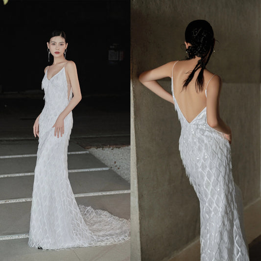 Luxury Unique Mermaid Wedding Prom Dress w Pearl, Custom Elegant Gown, Elopement Dress for Courthouse Civil Wedding, Romentic Reception Dres