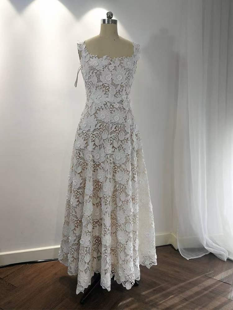 Unique Lace Embroidered Midi Wedding Bridal Dresses, Courthouse Civil Reception Elopement Dress, Engagement Bridal Shower Rehearsal Gown