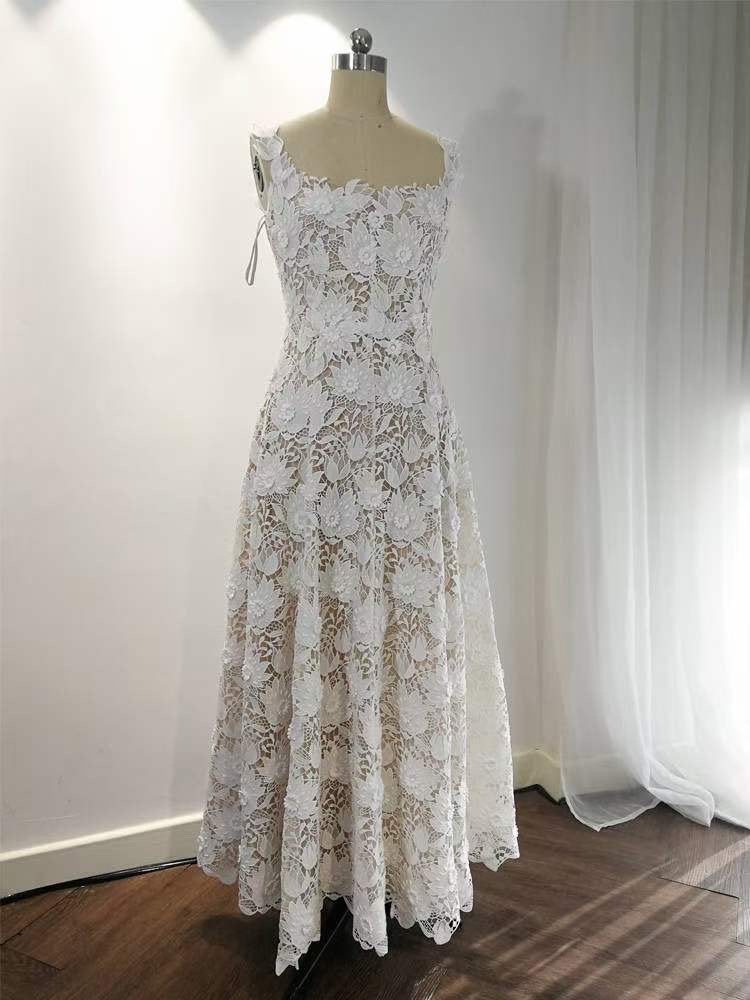 Unique Lace Embroidered Midi Wedding Bridal Dresses, Courthouse Civil Reception Elopement Dress, Engagement Bridal Shower Rehearsal Gown