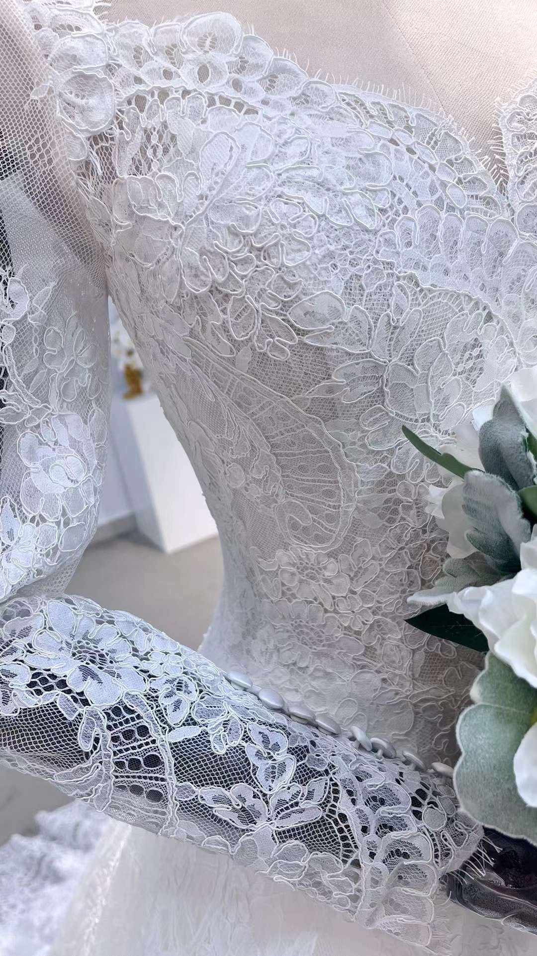 Long sleeve luxury French lace wedding dress, romantic princess ball gown, modest corset dress for bride, courthouse civil wedding gown