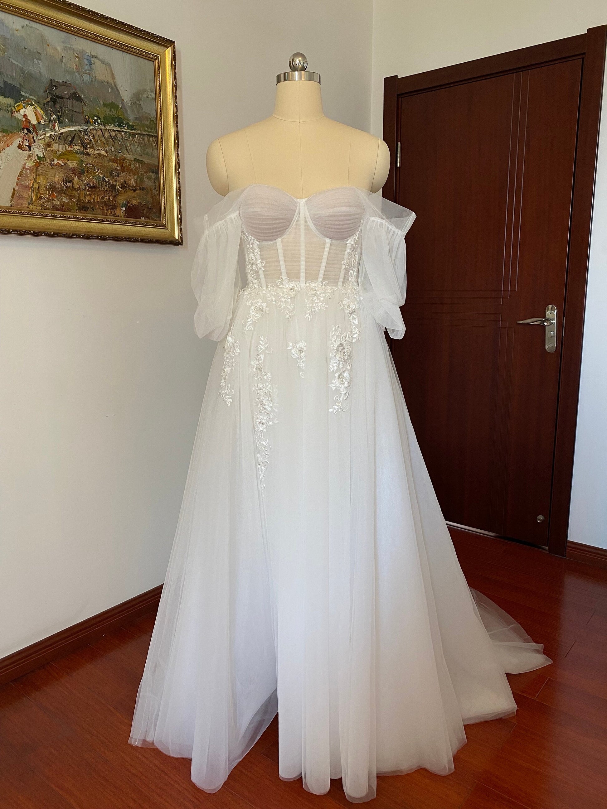 Sample dress, Off the Shoulder Fairy A-line Slit Wedding Dress with De Shindig Threads Sample dress, Off the Shoulder Fairy A-line Slit Wedding Dress with De Shindig Threads