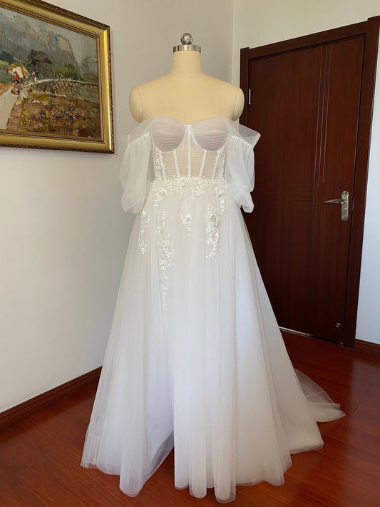 Sample dress, Off the Shoulder Fairy A-line Slit Wedding Dress with Detached Long Sleeves, Custom Sexy Boho Prom Party Gown