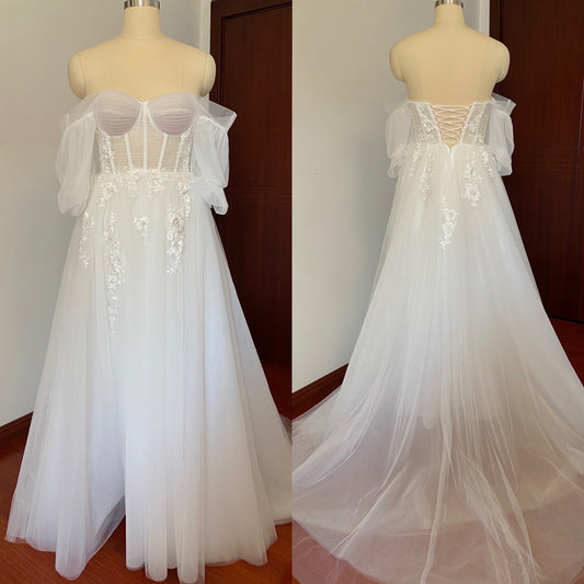 Sample dress, Off the Shoulder Fairy A-line Slit Wedding Dress with Detached Long Sleeves, Custom Sexy Boho Prom Party Gown