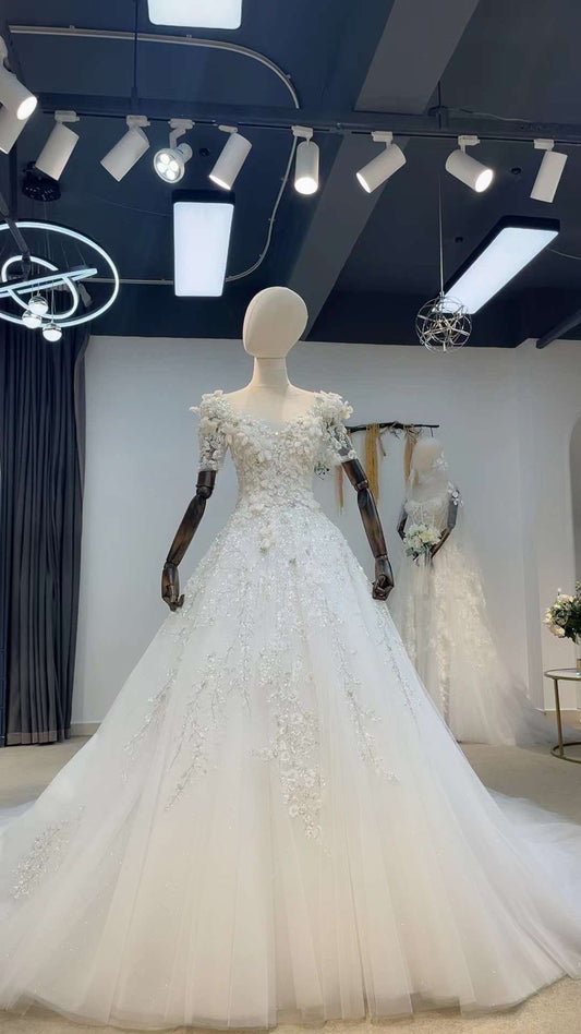 Fairytale 3D Floral Short Sleeve Wedding Princess Ball Gown, Custom Luxury Unique Bridal Dress