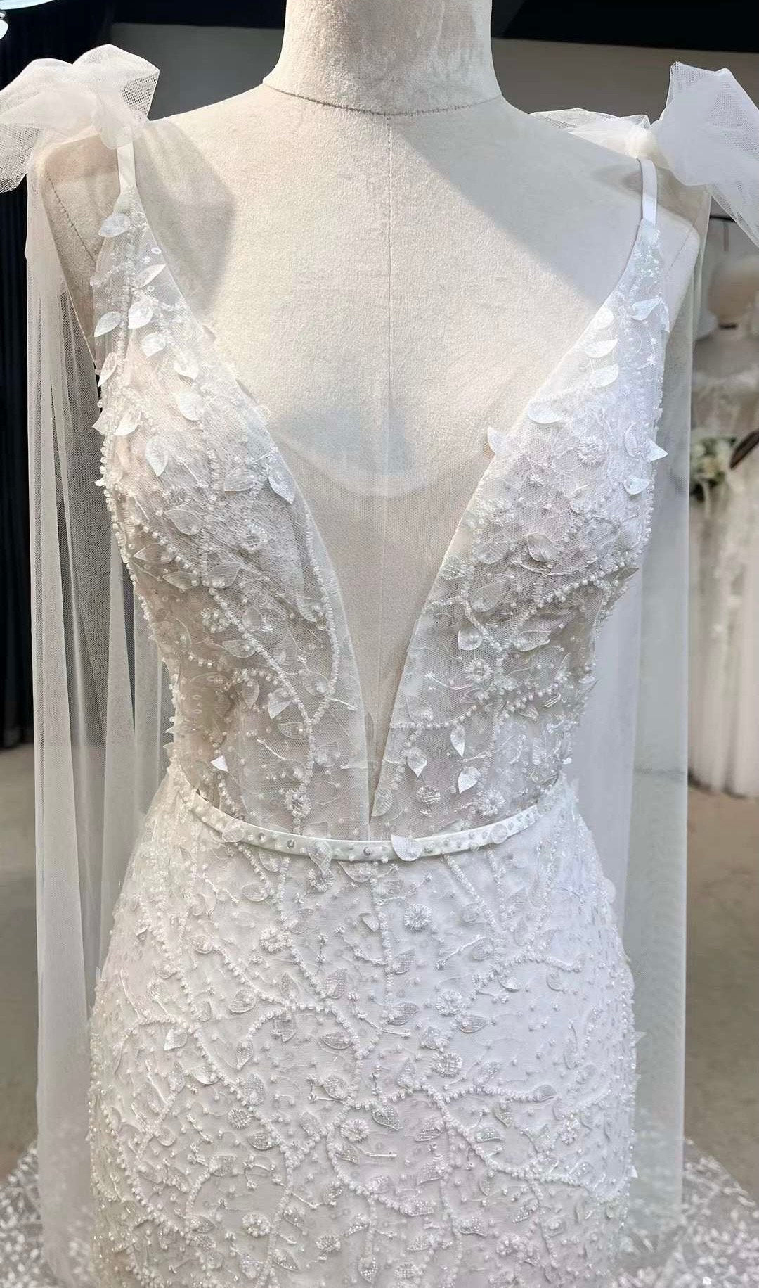 Fairy Beaded V-neck A-line Wedding Bridal Dress with Shoulder Straps, Unique Custom Reception Elopement Dress for Courthouse Civil Wedding