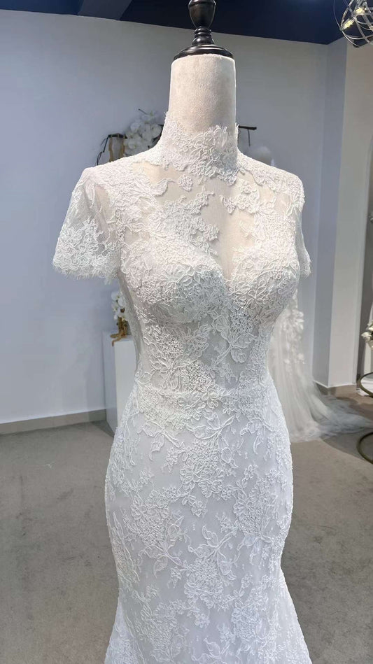 French Lace Short Sleeve Mermaid Romantic Wedding Bridal Dress, Unique Fairy Custom Reception Elopement Dress for Courthouse Civil Wedding