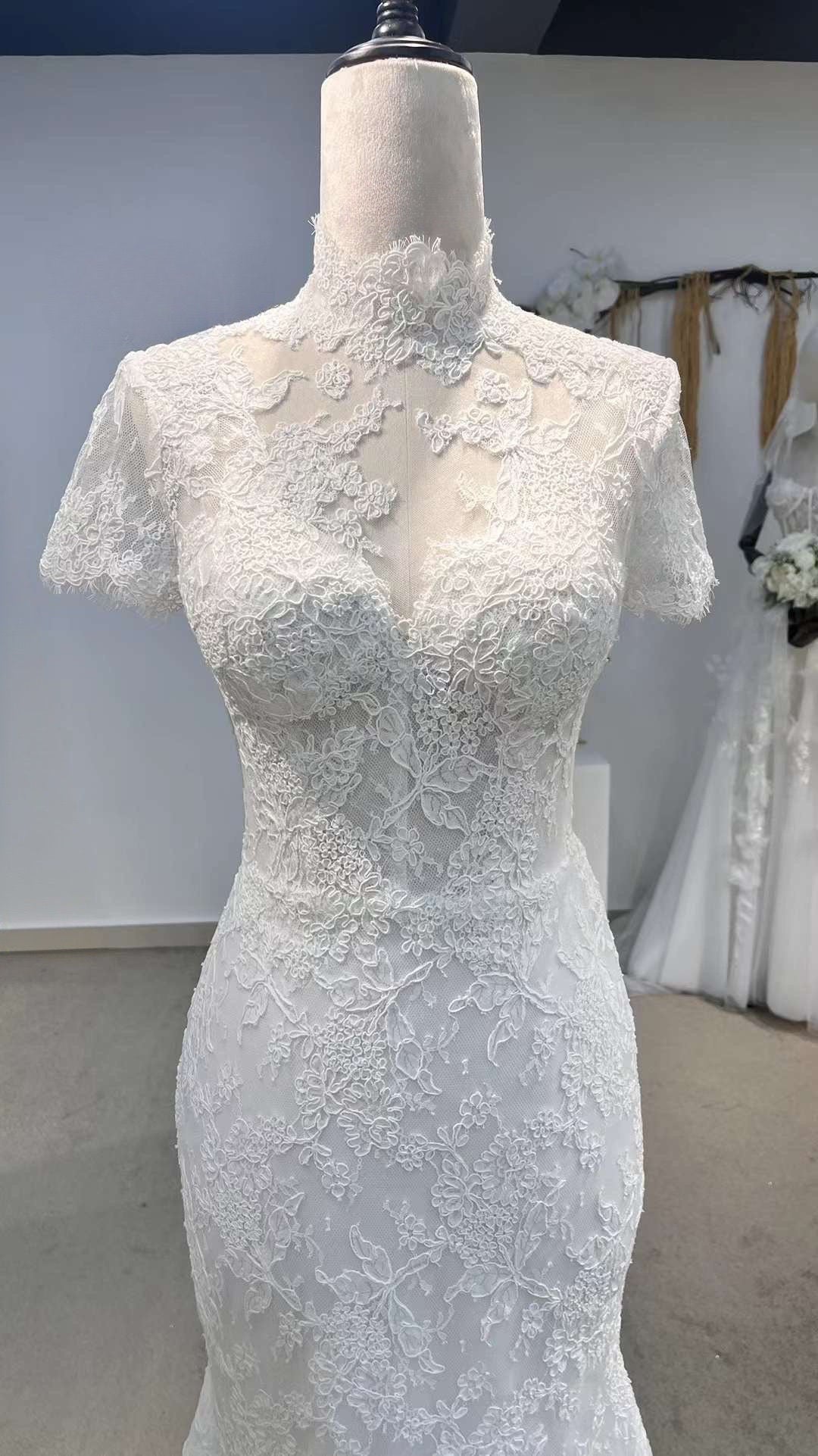 French Lace Short Sleeve Mermaid Romantic Wedding Bridal Dress, Unique Shindig Threads French Lace Short Sleeve Mermaid Romantic Wedding Bridal Dress, Unique Shindig Threads