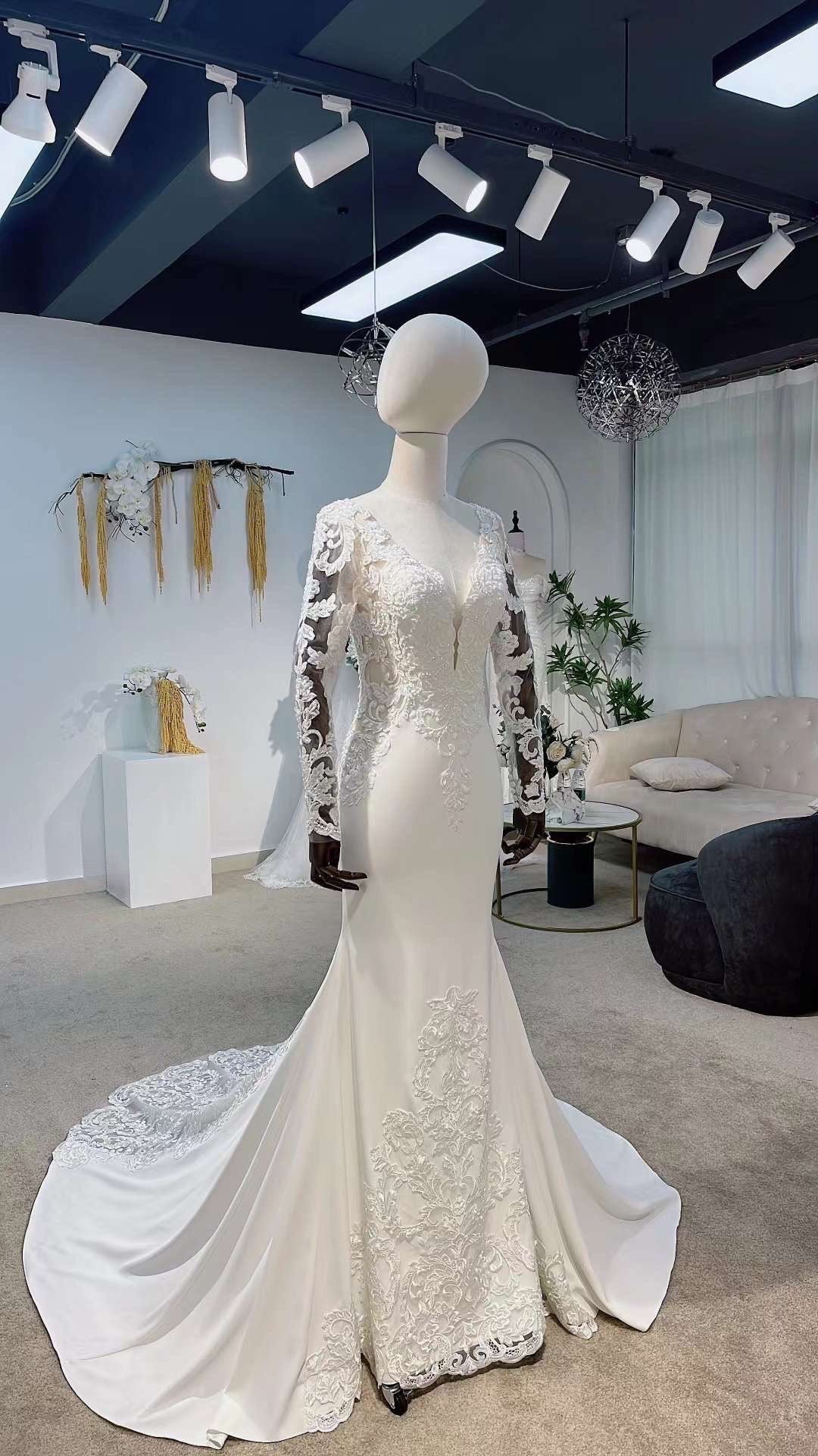 Long Sleeve Satin Lace Mermaid Wedding Bridal Dress, Elegant Romantic Shindig Threads Long Sleeve Satin Lace Mermaid Wedding Bridal Dress, Elegant Romantic Shindig Threads