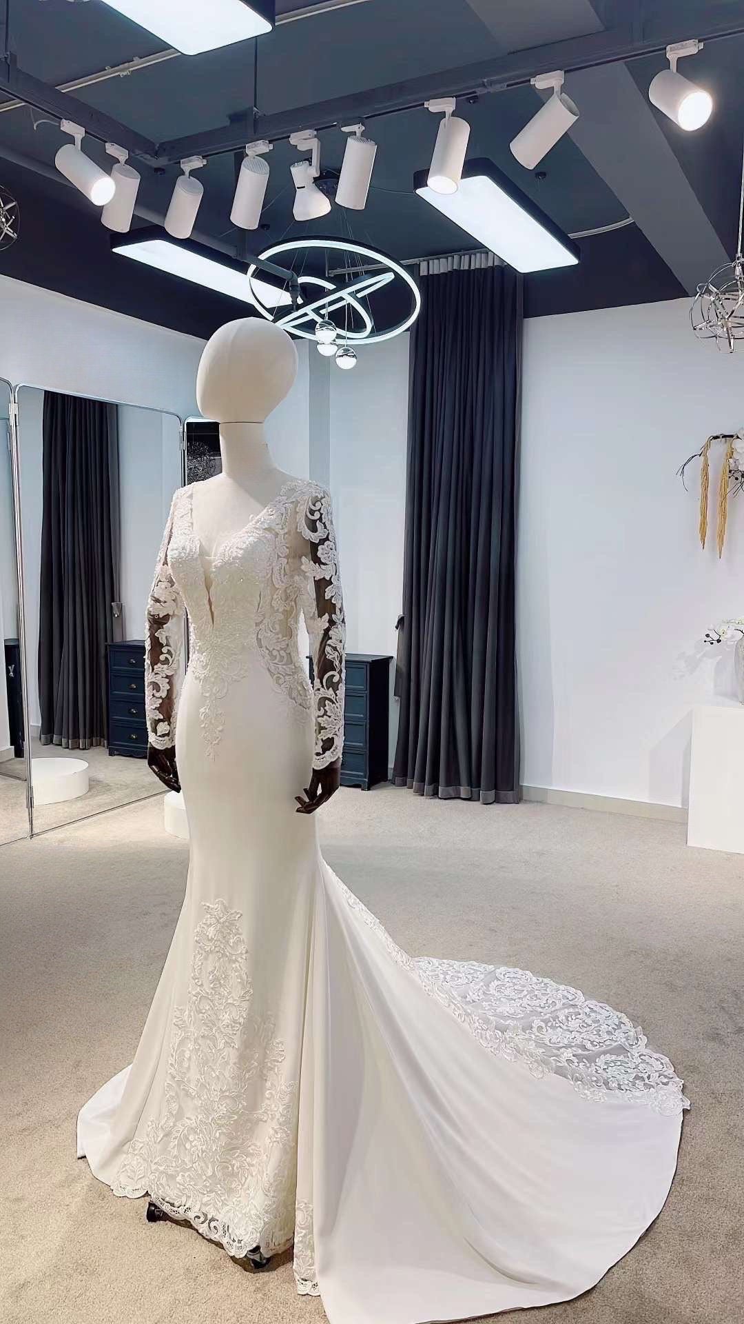 Long Sleeve Satin Lace Mermaid Wedding Bridal Dress, Elegant Romantic Shindig Threads Long Sleeve Satin Lace Mermaid Wedding Bridal Dress, Elegant Romantic Shindig Threads