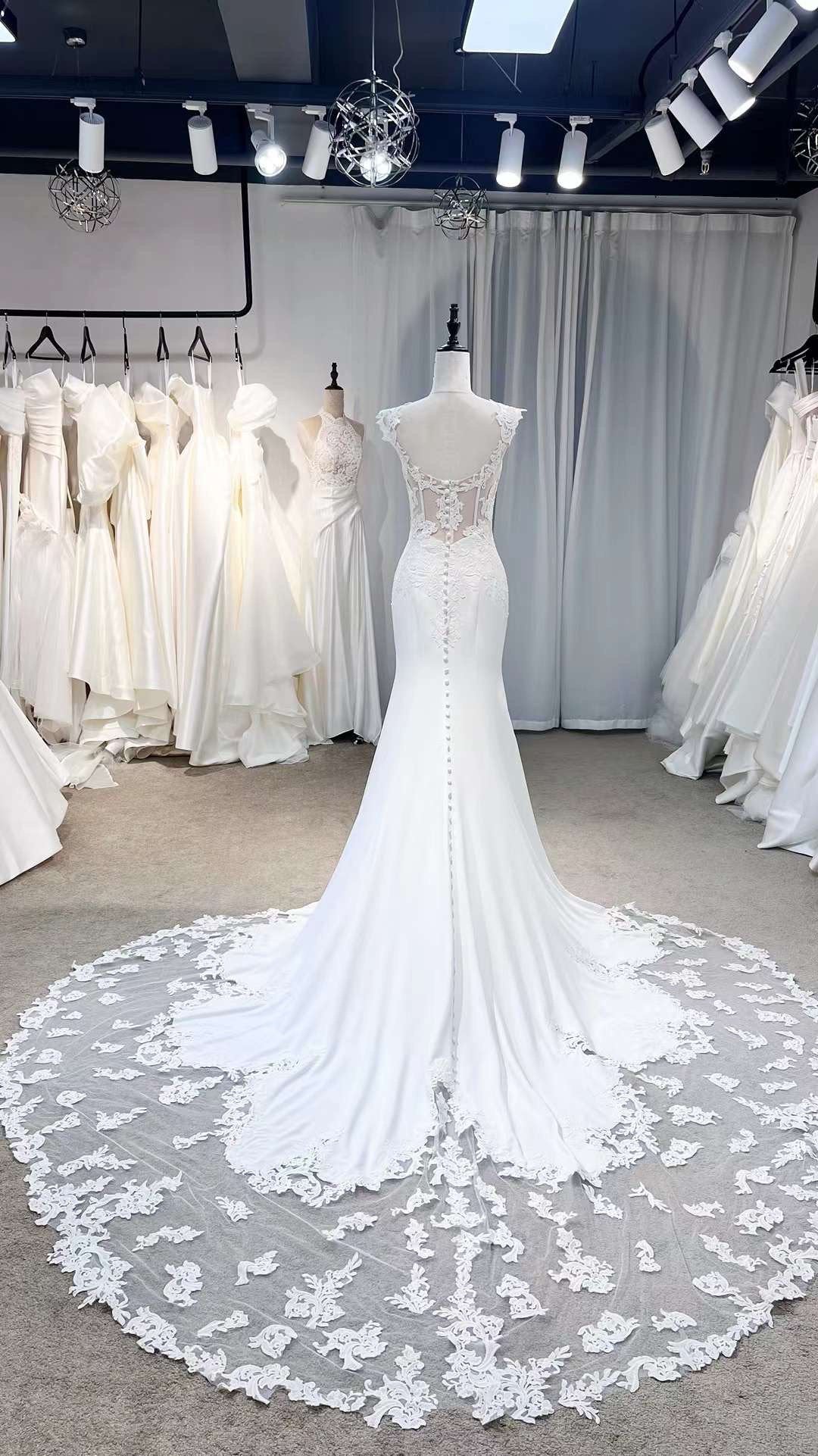 Minimalist Satin Lace Mermaid Wedding Bridal Dress, Elegant