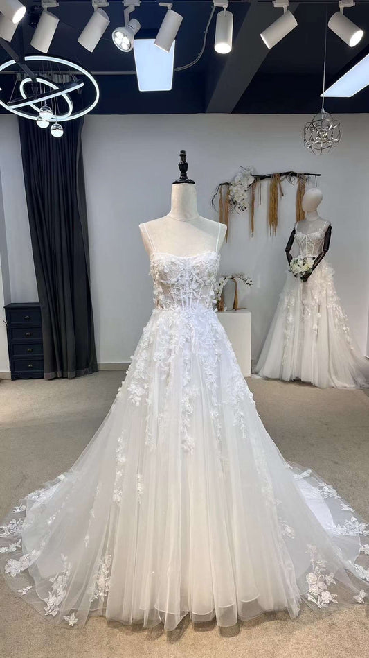 Fairy Floral A-line Lace Wedding Bridal Dress with Straps, Custom Romentic Unique Reception Elopement Dress for Courthouse Civil Wedding