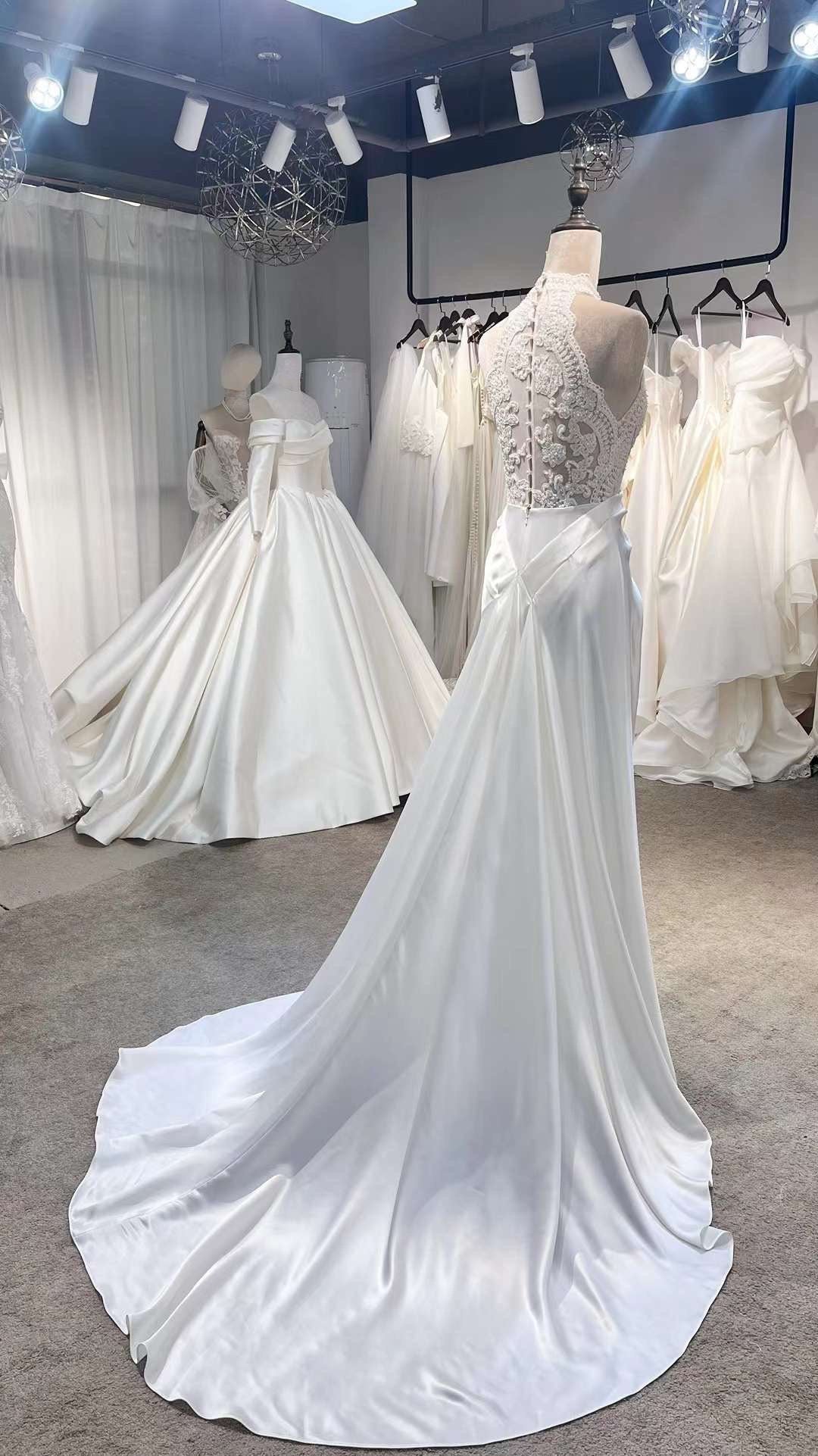 silk halter wedding dress Vintage Style Halter Neck Satin Lace Modest Drop Wasit Wedding Dress, – Shindig Threads