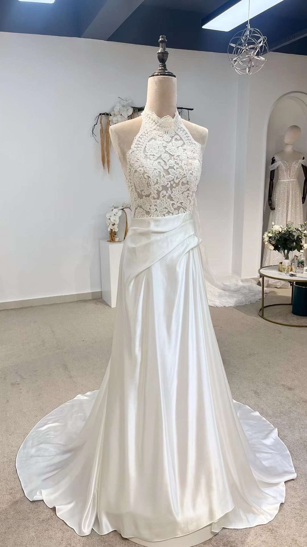 Vintage Style Halter Neck Satin Lace Modest Drop Wasit Wedding Dress, Shindig Threads Vintage Style Halter Neck Satin Lace Modest Drop Wasit Wedding Dress, Shindig Threads