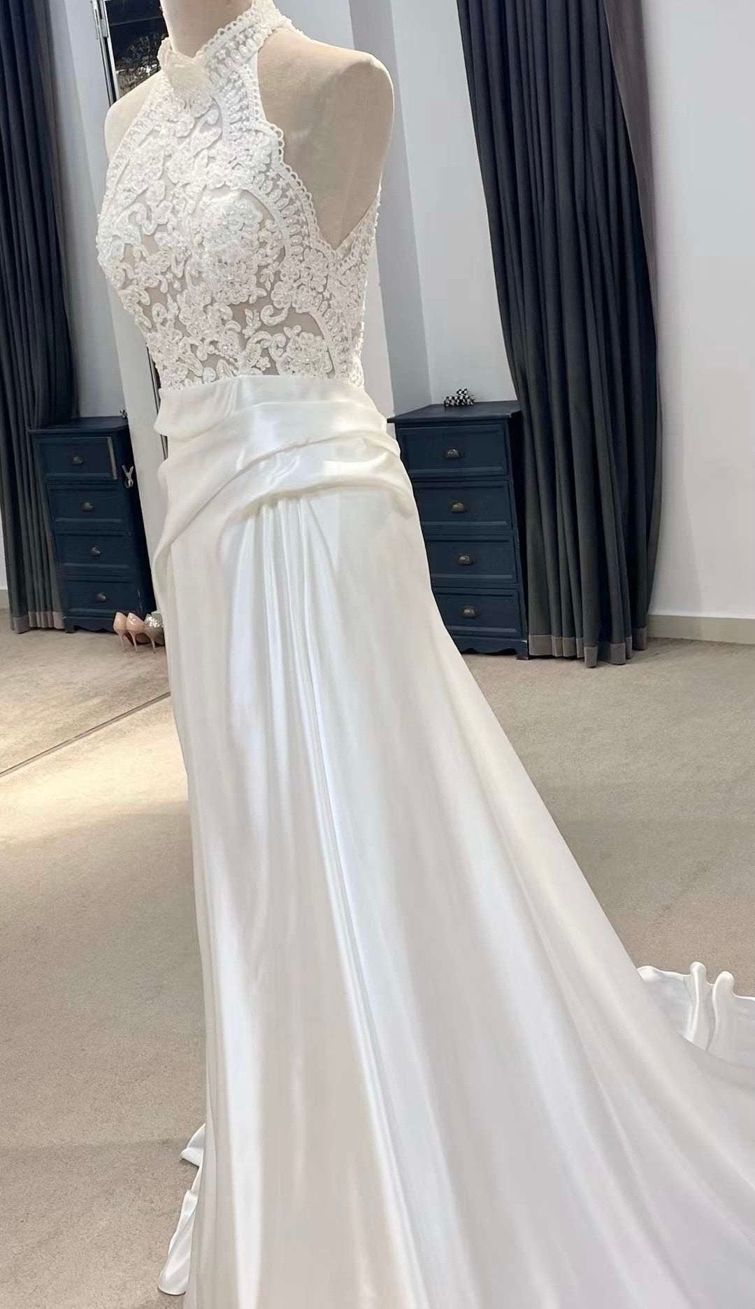 Vintage Style Halter Neck Satin Lace Modest Drop Wasit Wedding Dress, Shindig Threads Vintage Style Halter Neck Satin Lace Modest Drop Wasit Wedding Dress, Shindig Threads