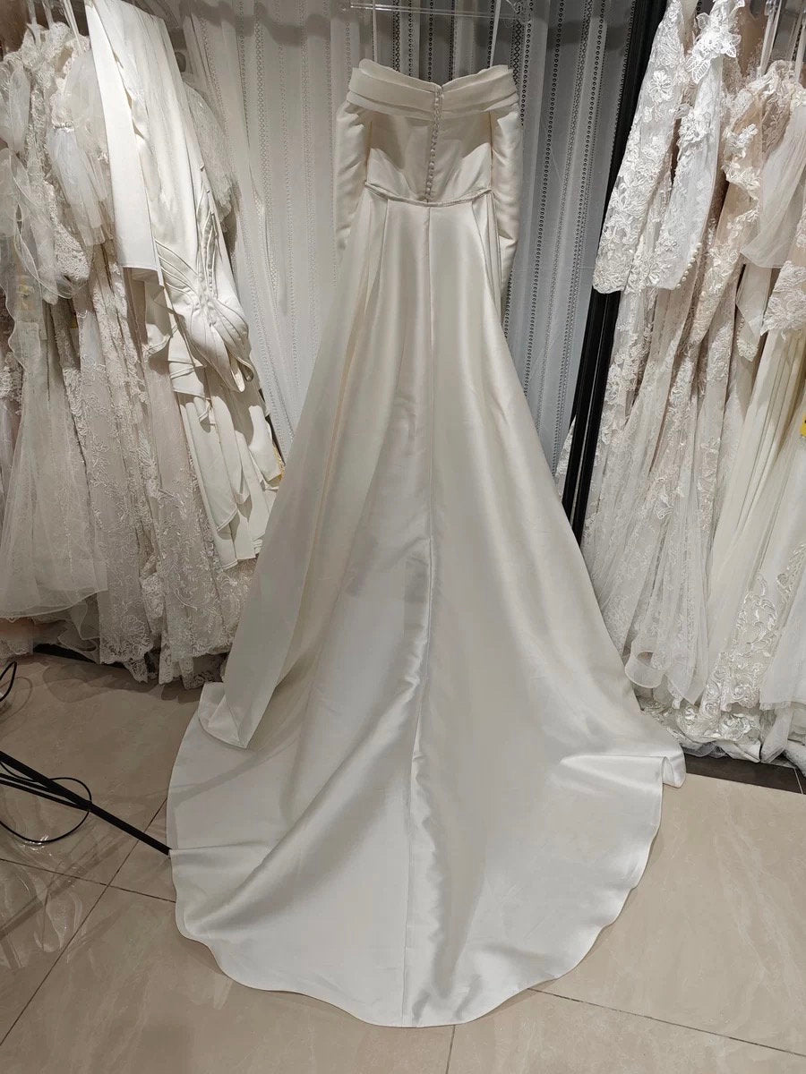 satin mermaid wedding dresses ZAPAKA Women Simple Ivory Dress V Neck Sleeveless Watteau Train Bridal Dress, Ivory / AU6 culminating in a chapel train Unique One Shoulder Long Sleeves