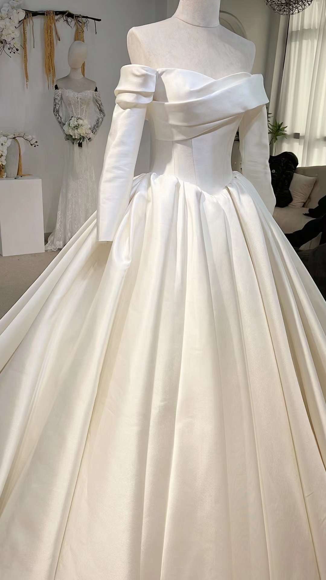 Minimalist Off the Should Long sleeves Satin Corset Wedding Ball Gown, Unique Custom Reception Elopement Dress for Courthouse Civil Wedding