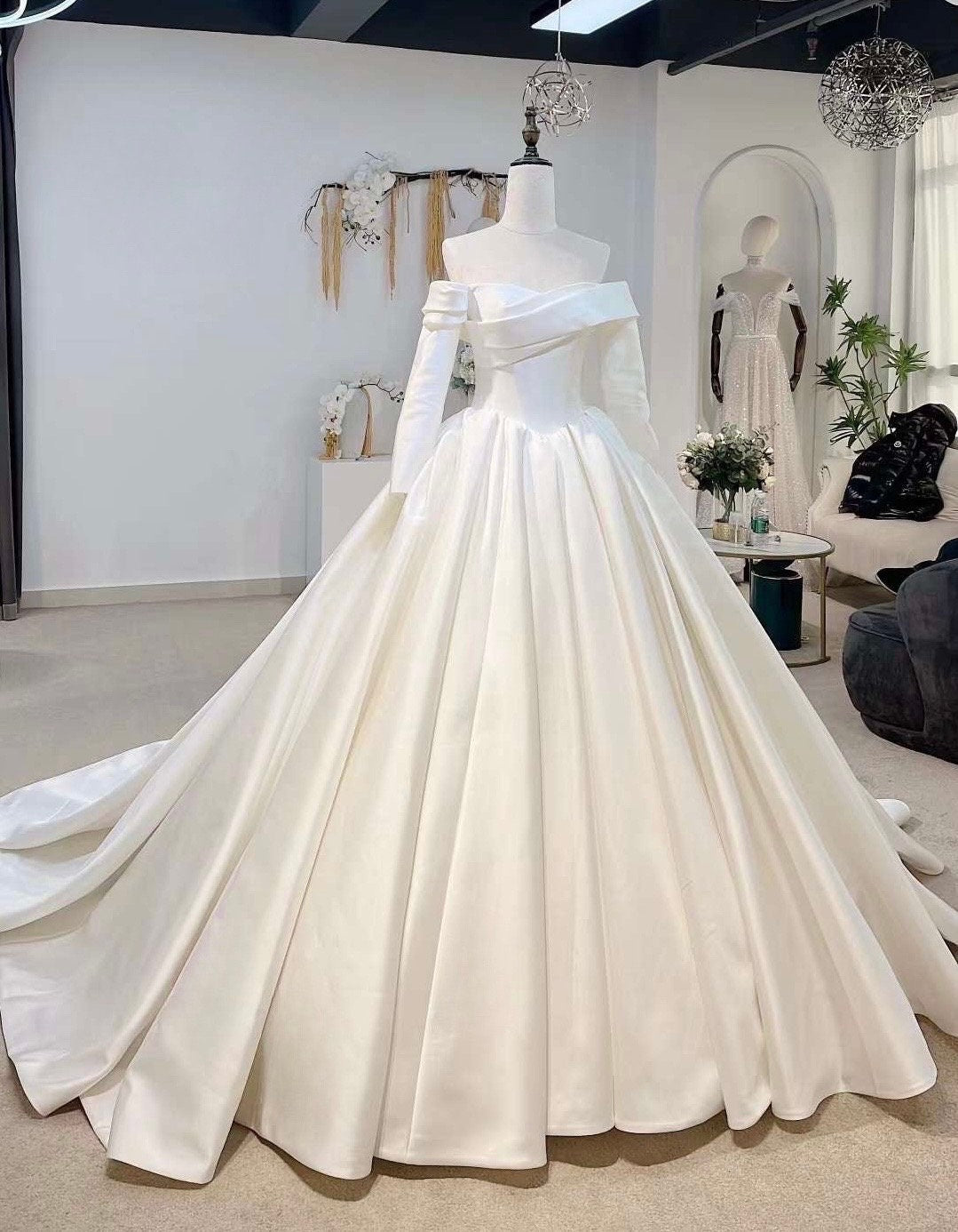 Minimalist Off the Should Long sleeves Satin Corset Wedding Ball Gown, Unique Custom Reception Elopement Dress for Courthouse Civil Wedding