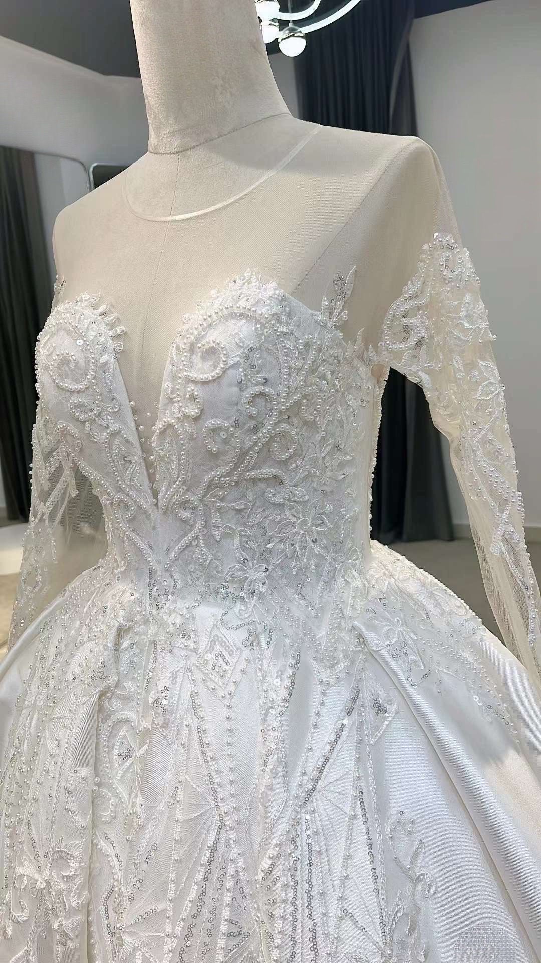 Luxury Long Sleeve Satin Wedding Ballgown, Custom Romentic Princess Unique Reception Elopement Dress for Classic Courthouse Civil Wedding