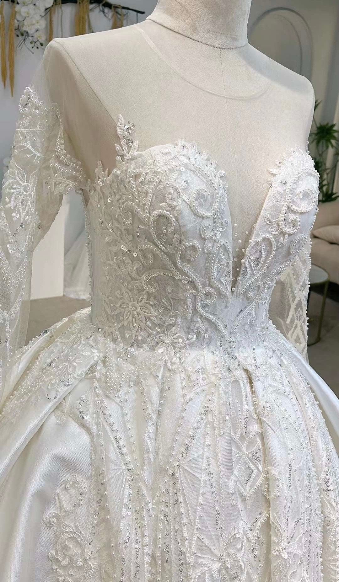 Luxury Long Sleeve Satin Wedding Ballgown, Custom Romentic Princess Unique Reception Elopement Dress for Classic Courthouse Civil Wedding