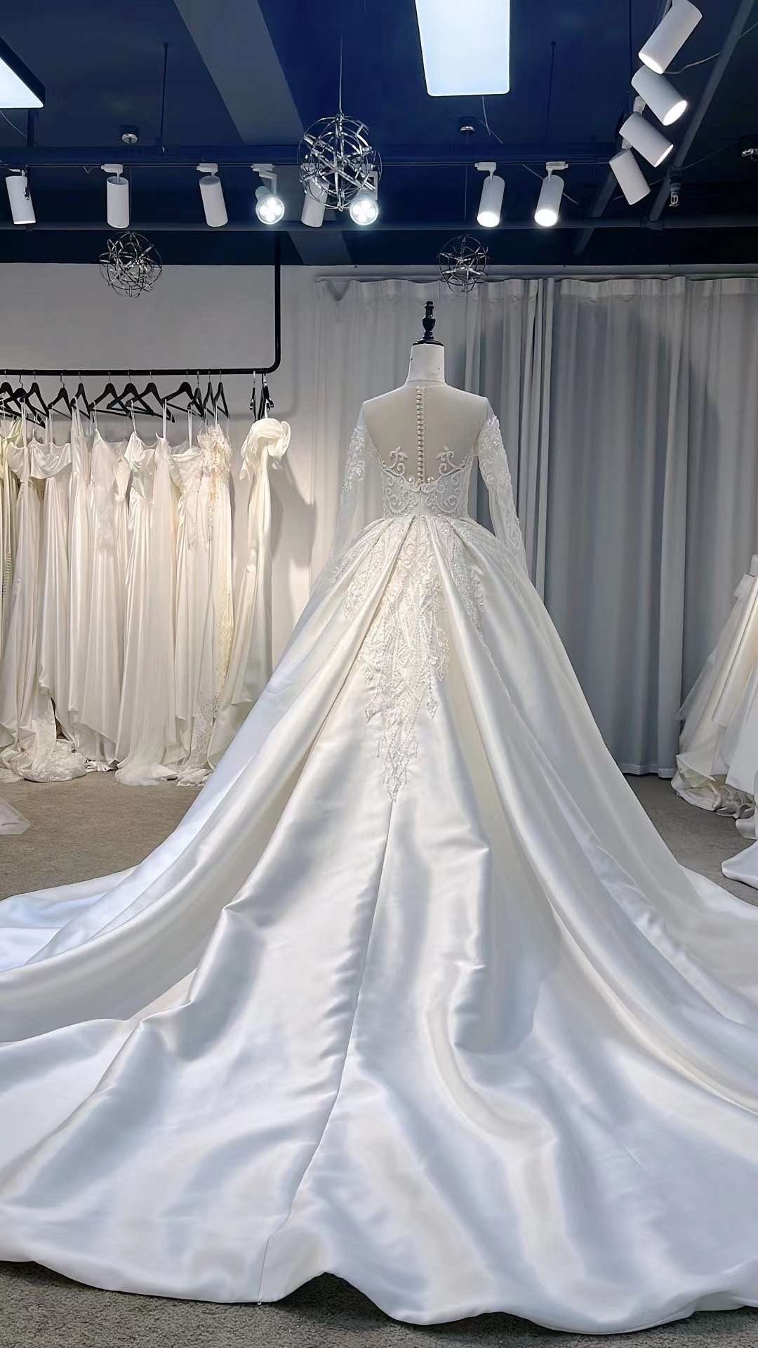 Luxury Long Sleeve Satin Wedding Ballgown, Custom Romentic Princess Unique Reception Elopement Dress for Classic Courthouse Civil Wedding