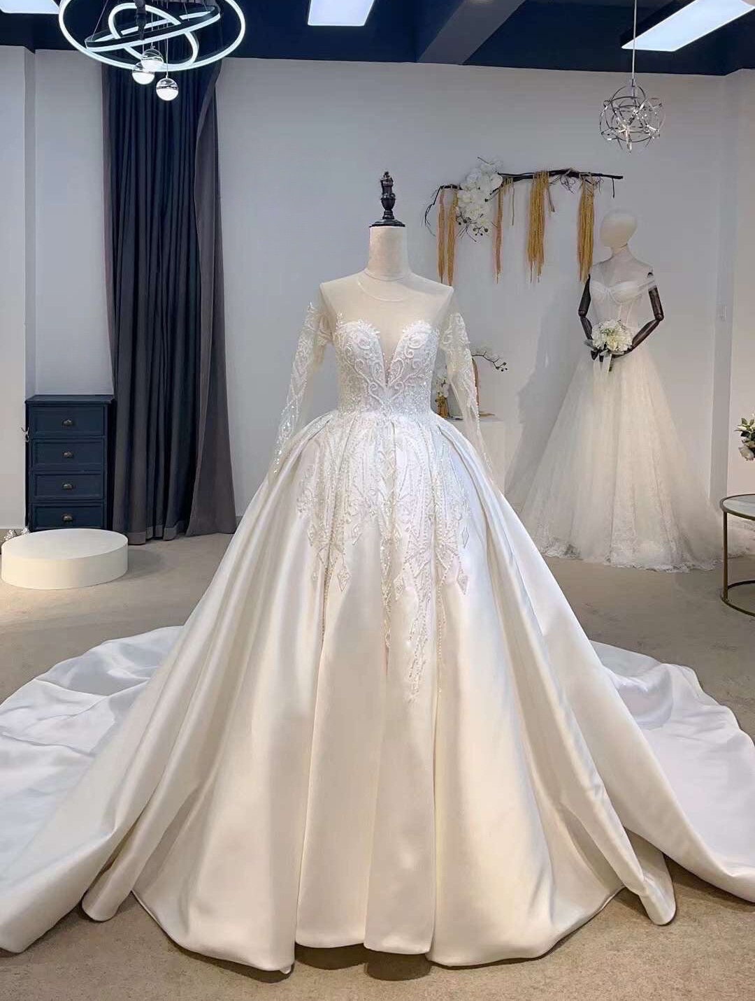 Luxury Long Sleeve Satin Wedding Ballgown, Custom Romentic Princess Unique Reception Elopement Dress for Classic Courthouse Civil Wedding