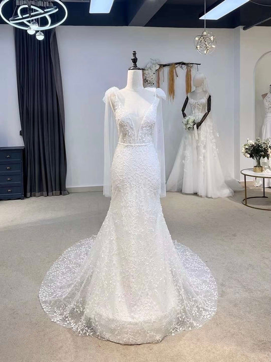 Fairy Beaded V-neck A-line Wedding Bridal Dress with Shoulder Straps, Unique Custom Reception Elopement Dress for Courthouse Civil Wedding