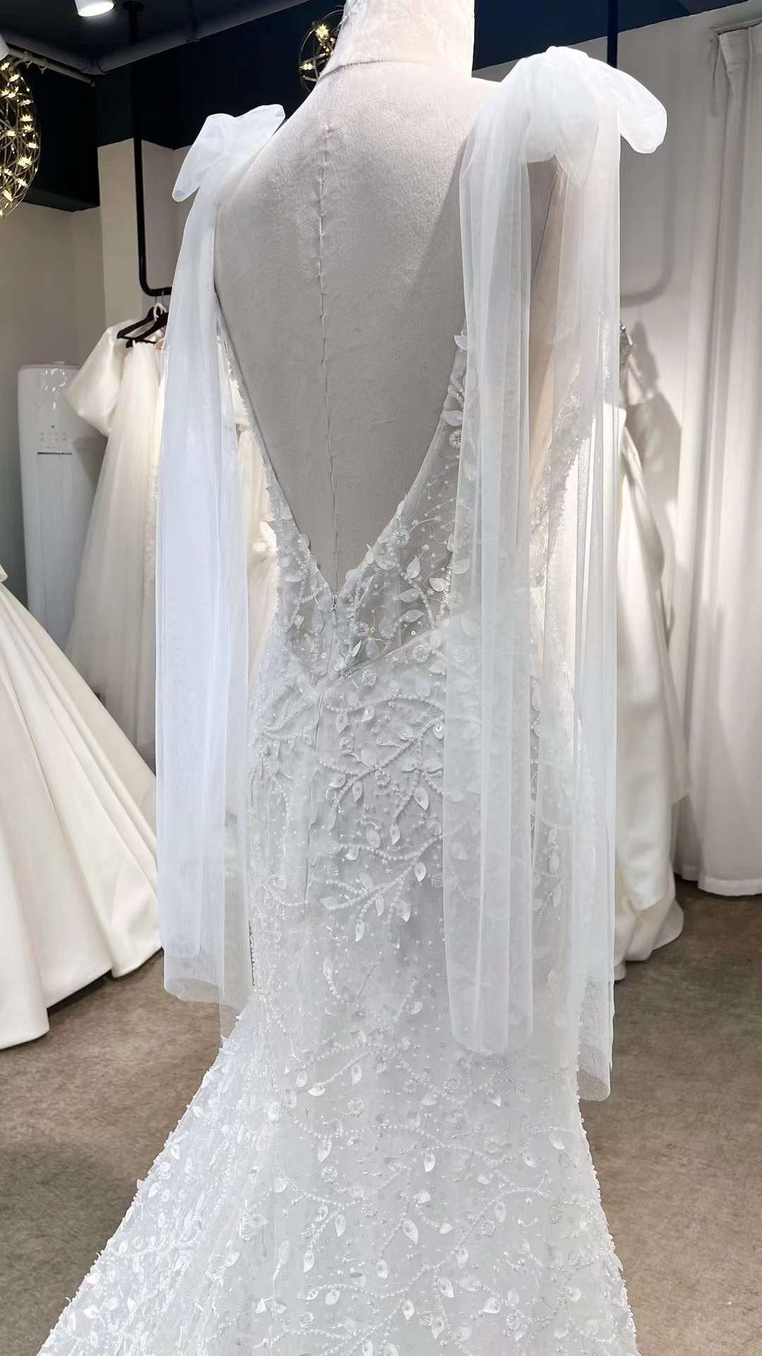 Fairy Beaded V-neck A-line Wedding Bridal Dress with Shoulder Straps, Unique Custom Reception Elopement Dress for Courthouse Civil Wedding