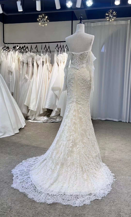 Fairy Off the Shoulder Long Sleeve Beaded Mermaid Wedding Bridal Dress, Unique Custom Reception Elopement Dress for Courthouse Civil Wedding
