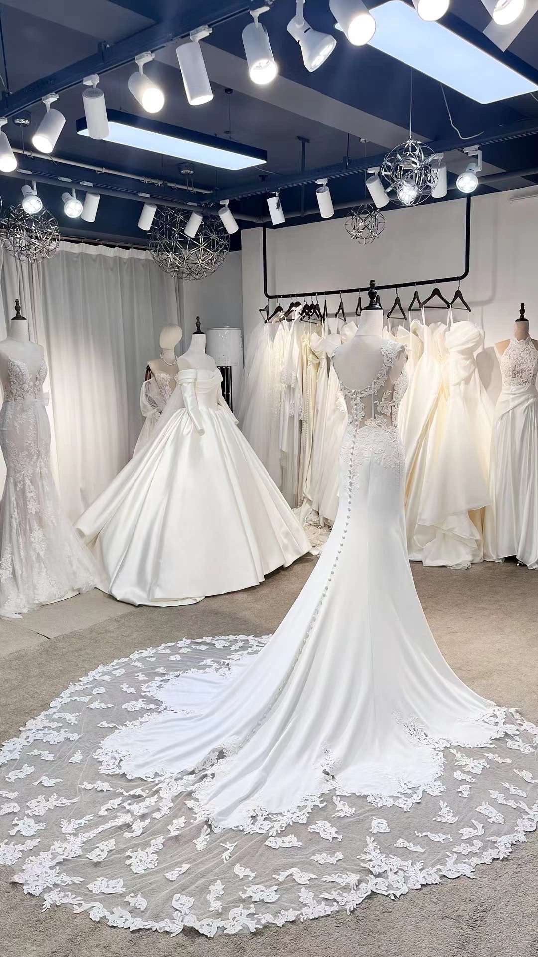 Minimalist Satin Lace Mermaid Wedding Bridal Dress, Elegant Romantic C