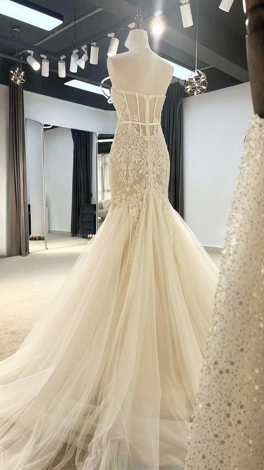 Fairy Lace Mermaid Wedding Bridal Dress, Elegant Romantic Courthouse Civil Wedding Elopement Gown