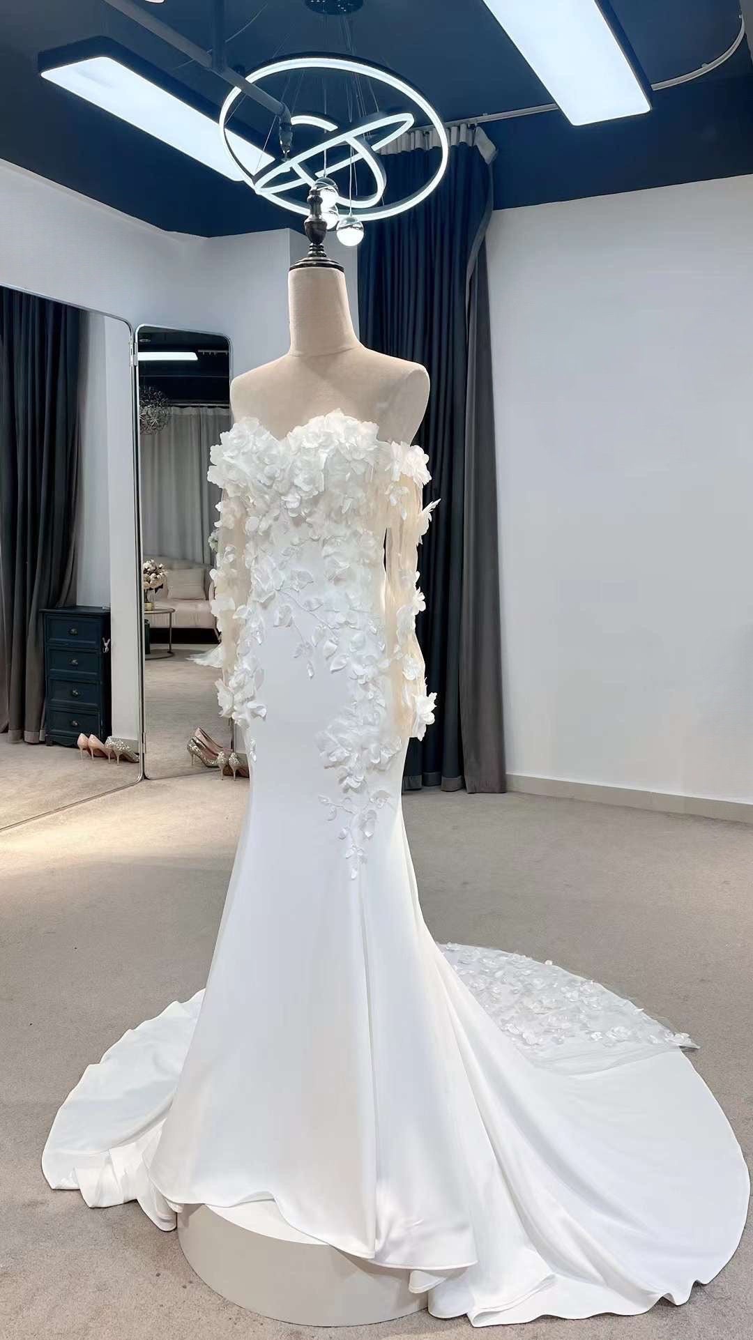 off the shoulder satin mermaid wedding dress Satin Mermaid Off-the-Shoulder Wedding Dresses With Lace Appliques, MW872