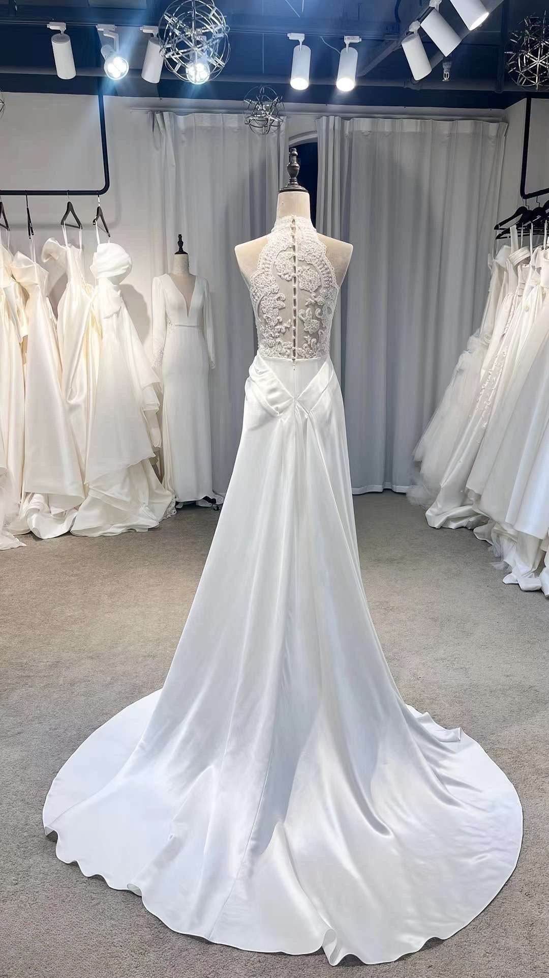 Vintage Style Halter Neck Satin Lace Modest Drop Wasit Wedding Dress, Vintage Style Halter Neck Satin Lace Modest Drop Wasit Wedding Dress,