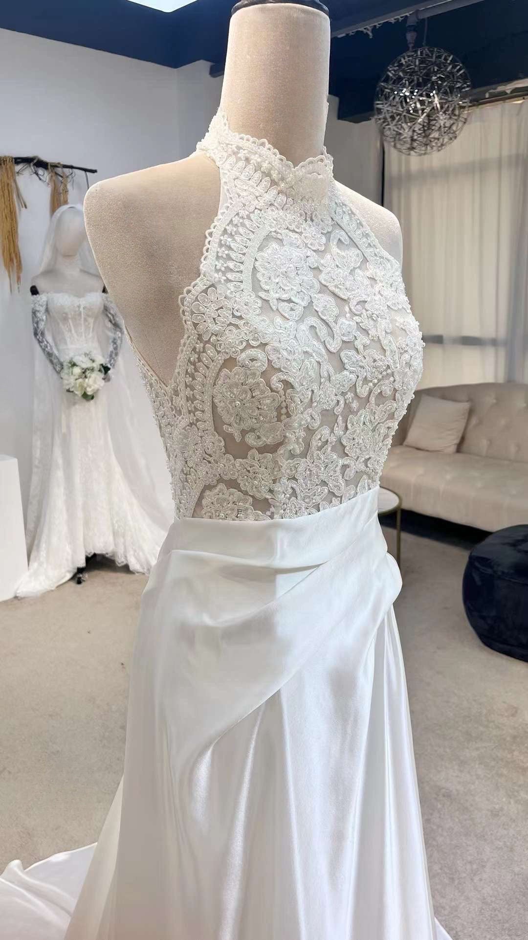 Vintage Style Halter Neck Satin Lace Modest Drop Wasit Wedding Dress, Vintage Style Halter Neck Satin Lace Modest Drop Wasit Wedding Dress,