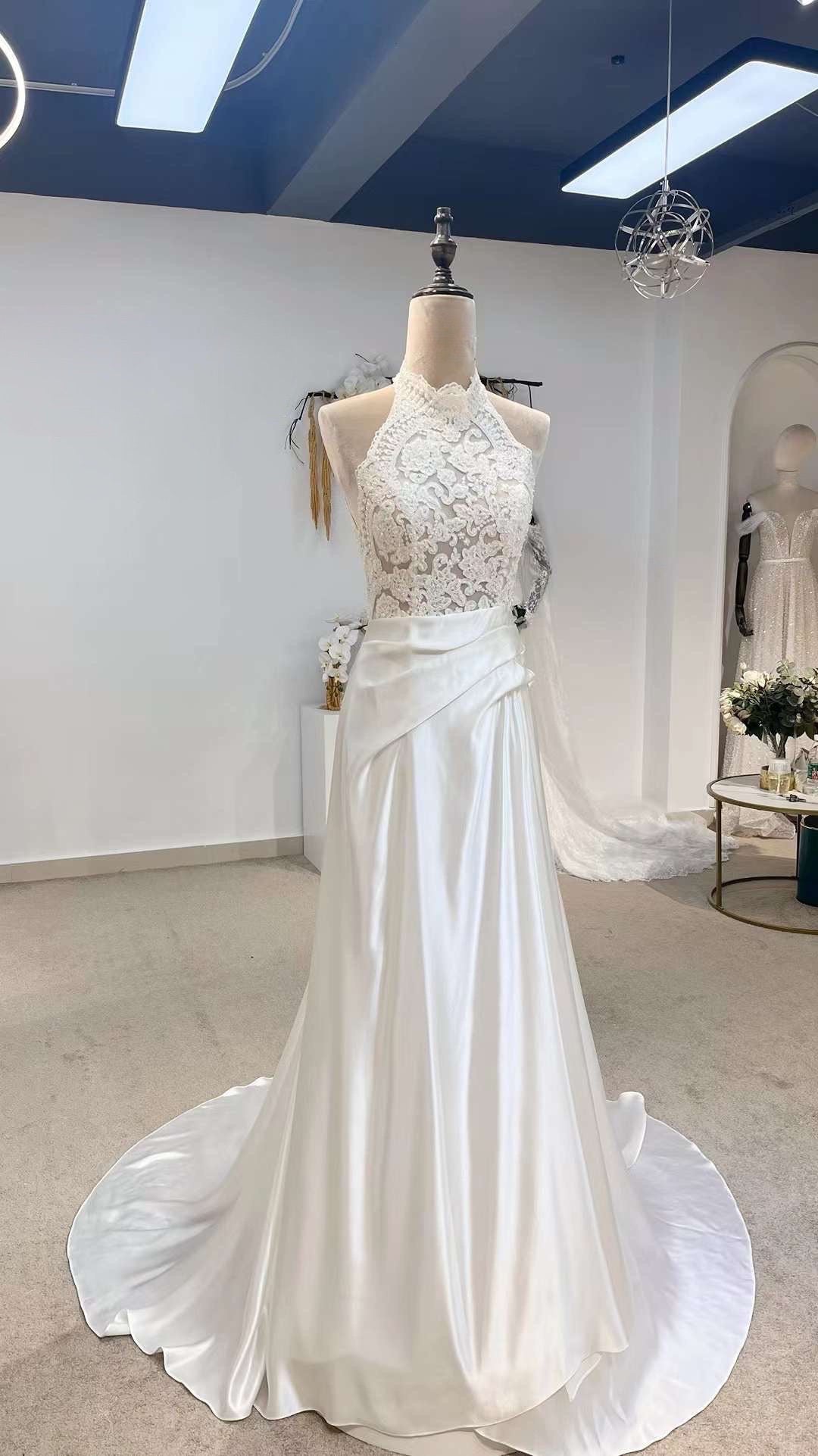 Vintage Style Halter Neck Satin Lace Modest Drop Wasit Wedding Dress, Shindig Threads Vintage Style Halter Neck Satin Lace Modest Drop Wasit Wedding Dress, Shindig Threads