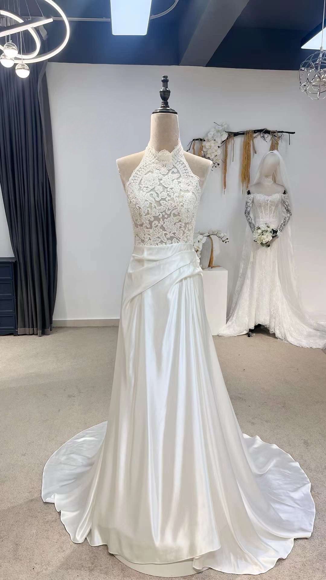 Vintage Style Halter Neck Satin Lace Modest Wedding Bridal Dress, Unique Custom Reception Elopement Gown for Courthouse Civil Wedding