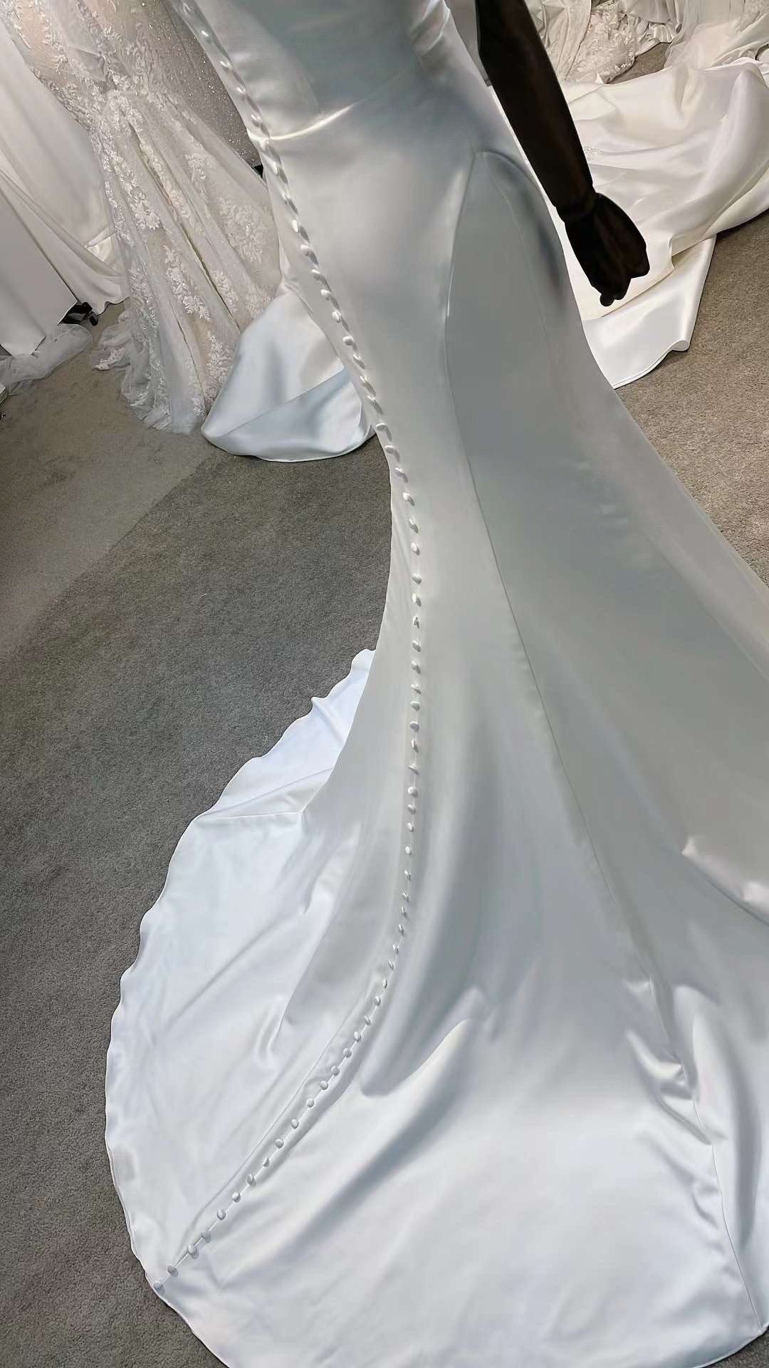 Minimalist Off the shoulder Satin Mermaid Wedding Bridal Dress w Flower, Unique Custom Reception Elopement Gown for Courthouse Civil Wedding