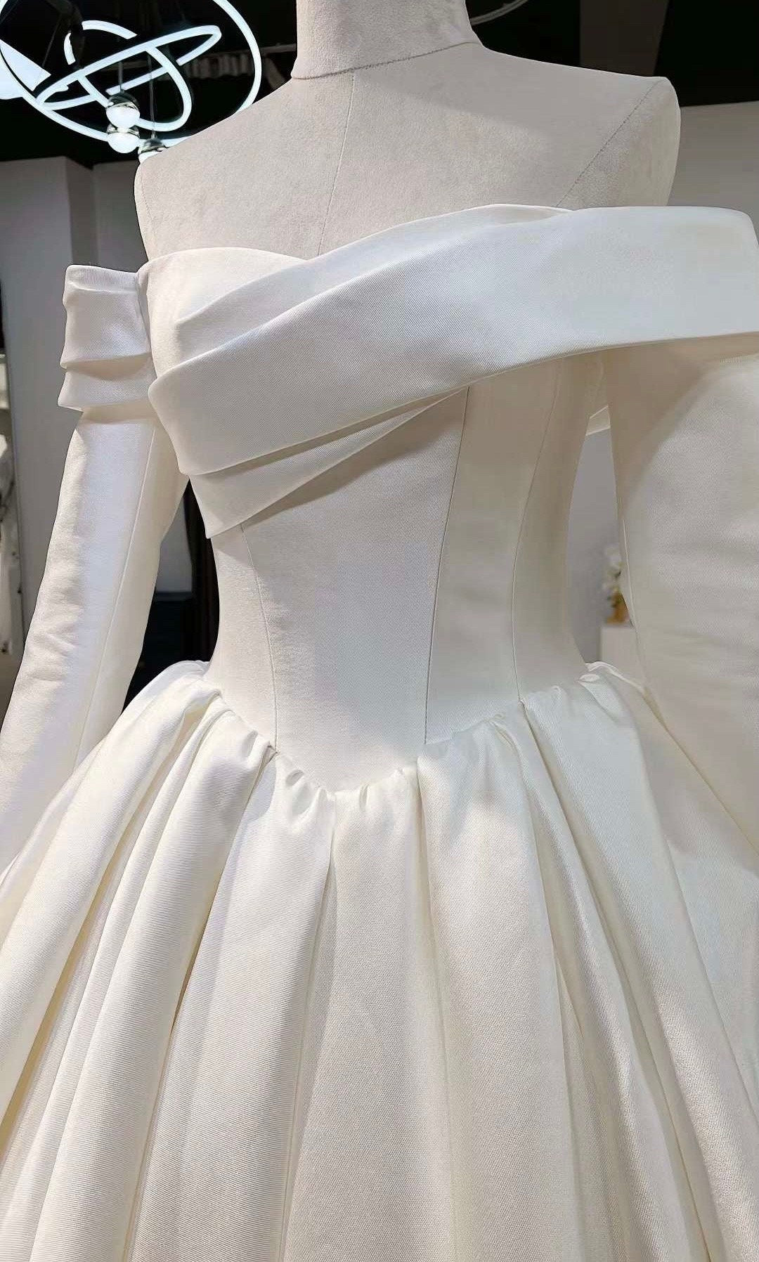 Minimalist Off the Should Long sleeves Satin Corset Wedding Ball Gown, Unique Custom Reception Elopement Dress for Courthouse Civil Wedding