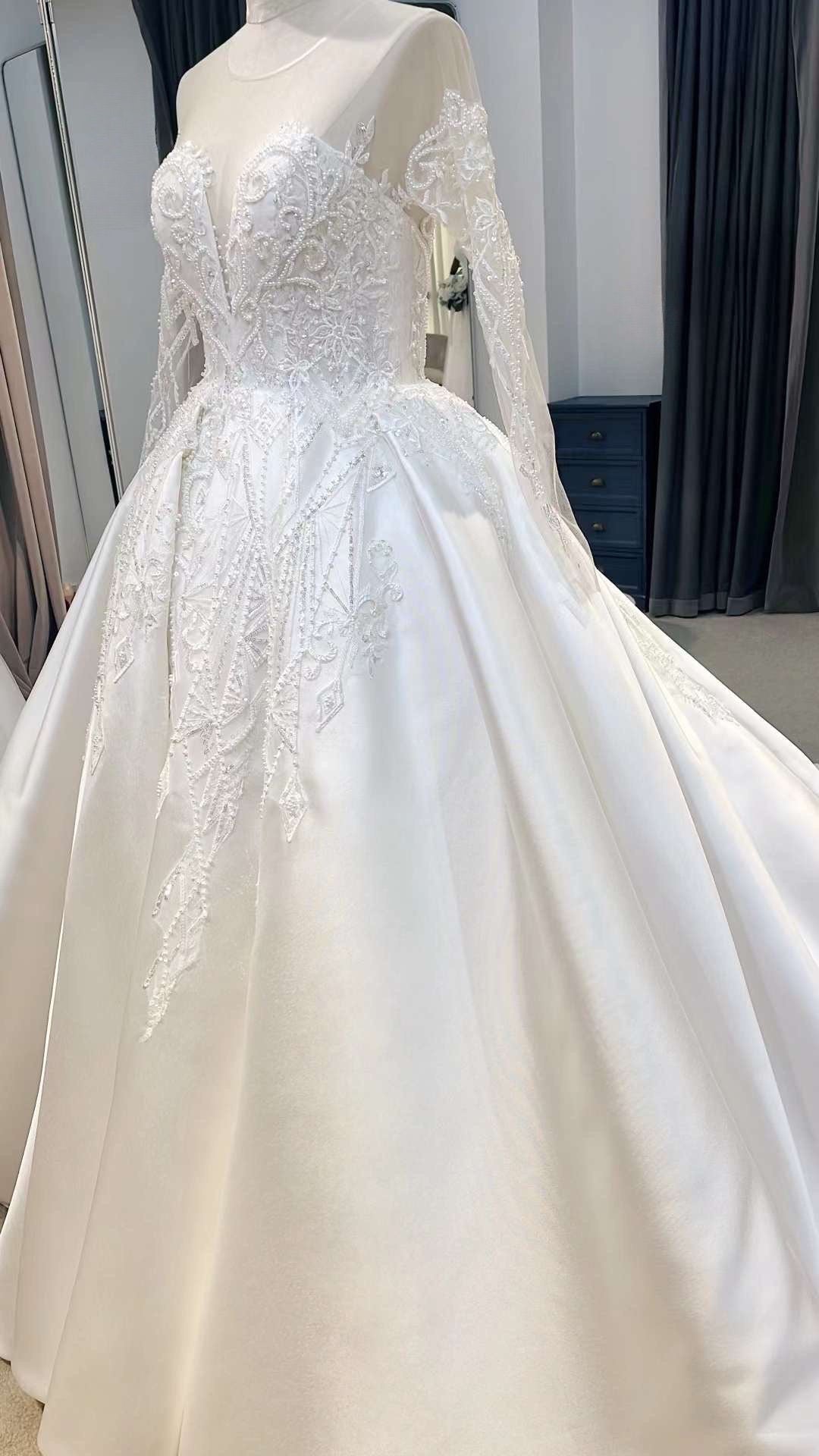 Luxury Long Sleeve Satin Wedding Ballgown, Custom Romentic Princess Unique Reception Elopement Dress for Classic Courthouse Civil Wedding