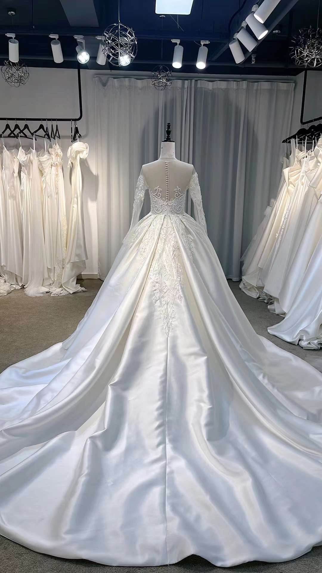 Luxury Long Sleeve Satin Wedding Ballgown, Custom Romentic Princess Unique Reception Elopement Dress for Classic Courthouse Civil Wedding