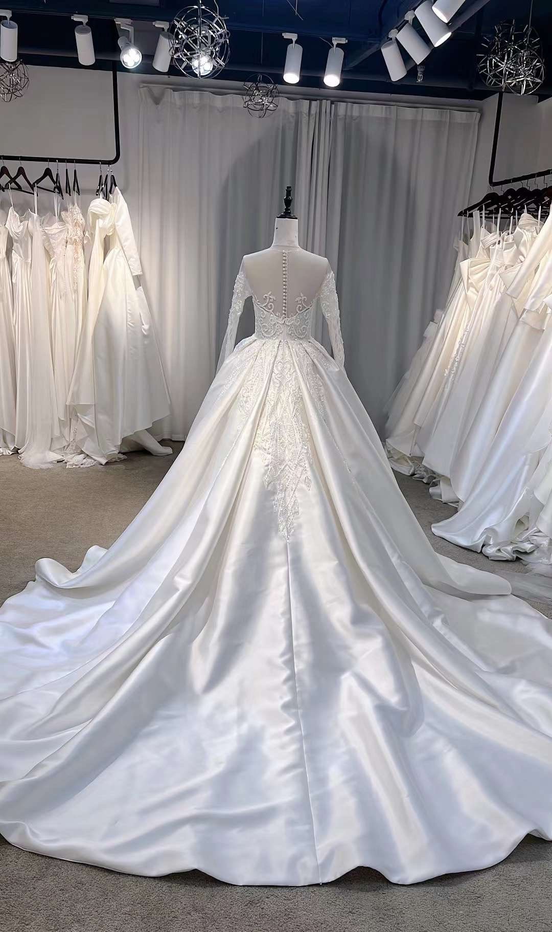 Luxury Long Sleeve Satin Wedding Ballgown, Custom Romentic Princess Unique Reception Elopement Dress for Classic Courthouse Civil Wedding