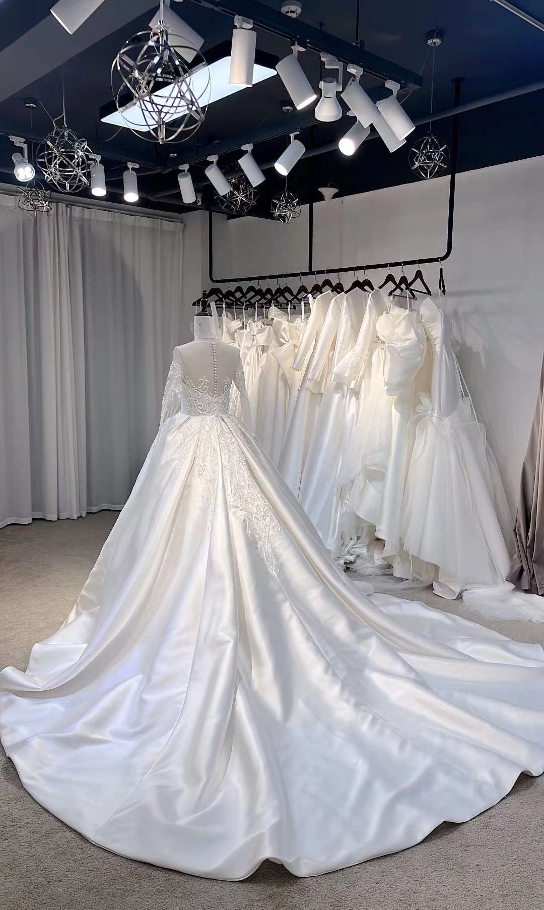 Luxury Long Sleeve Satin Wedding Ballgown, Custom Romentic Princess Unique Reception Elopement Dress for Classic Courthouse Civil Wedding