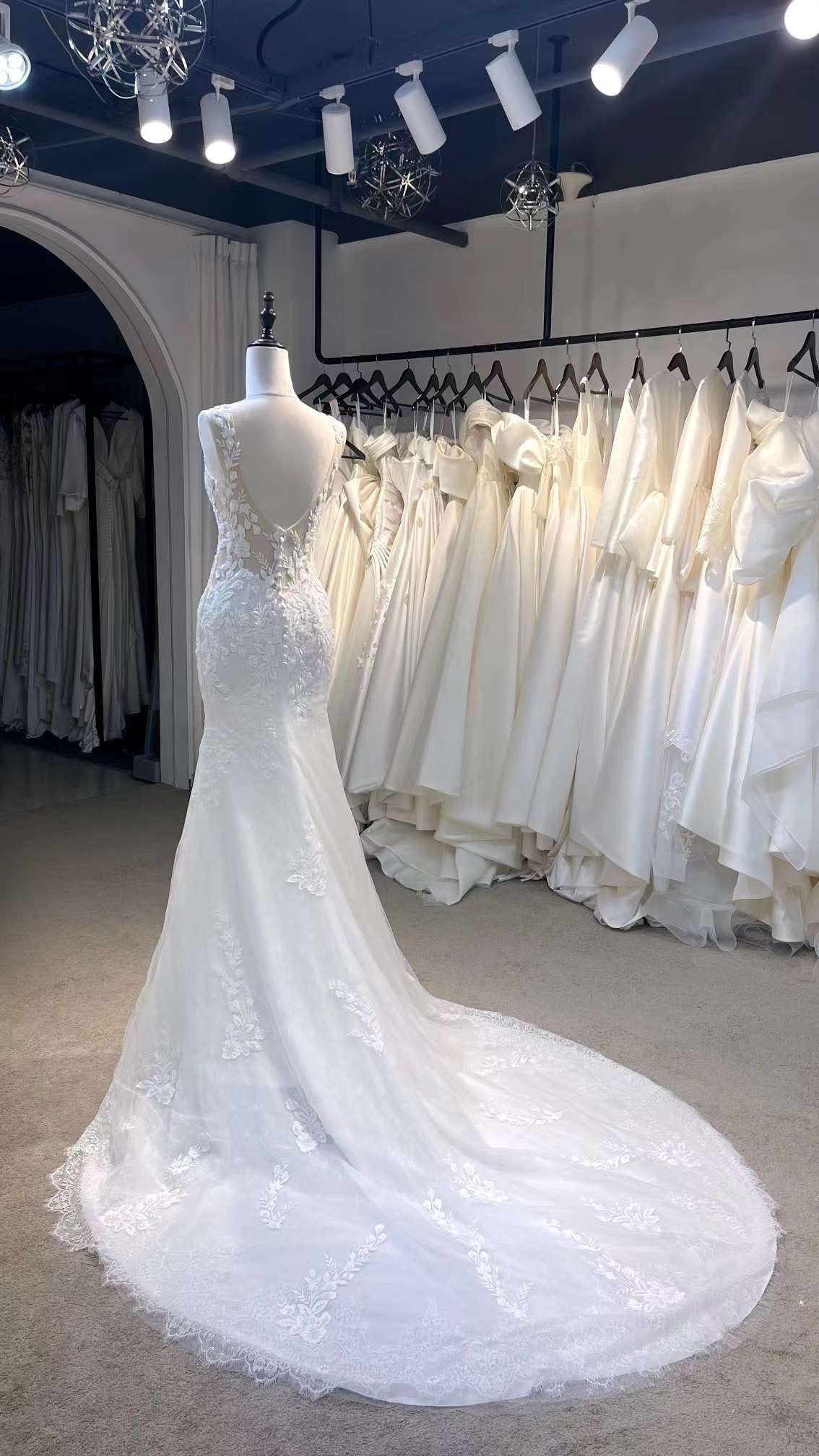 Fairy Lace Mermaid Wedding Bridal Reception Dress, Elegant Romantic Co Fairy Lace Mermaid Wedding Bridal Reception Dress, Elegant Romantic Co